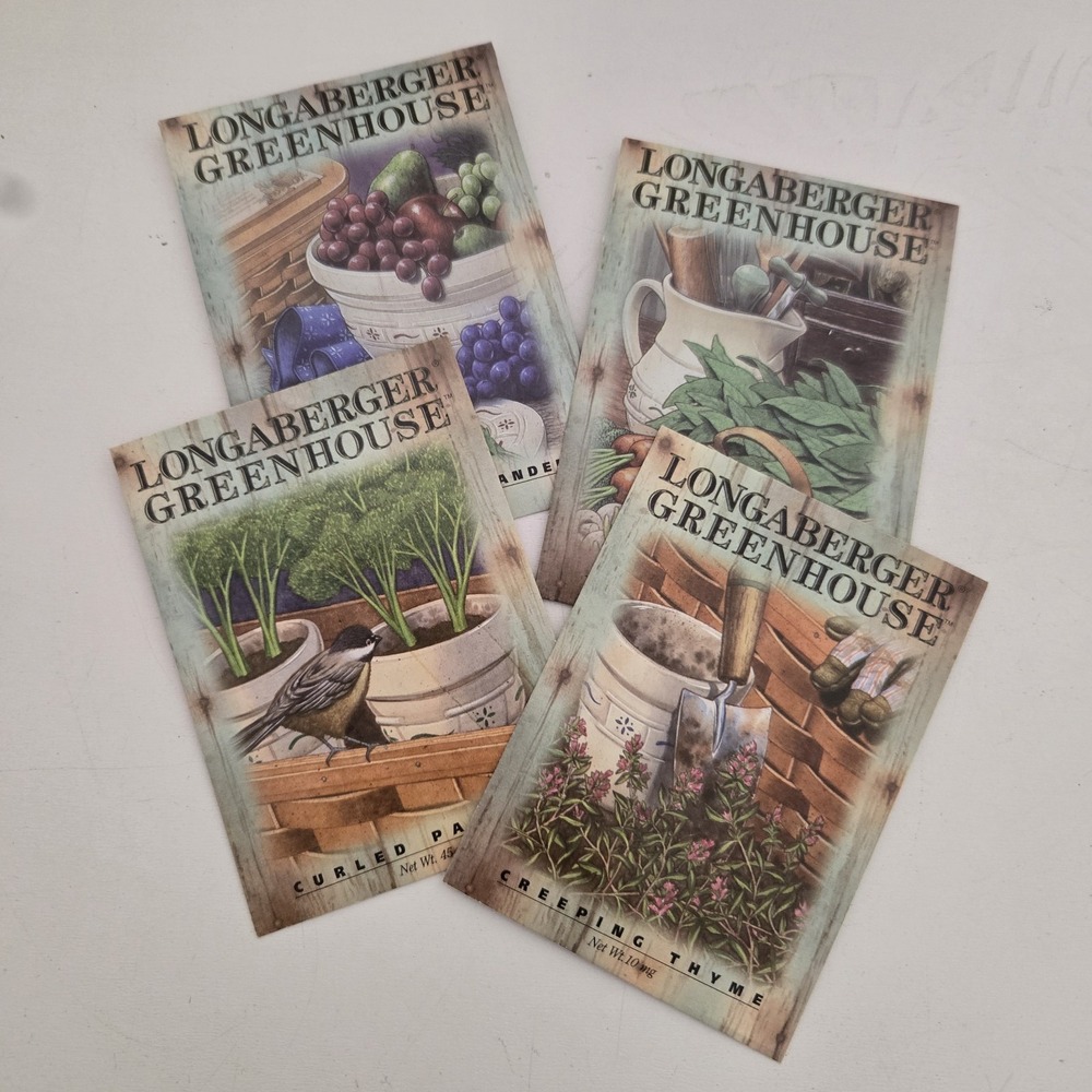 4pc LONGABERGER GREENHOUSE Seed Packets Cilantro Sage Thyme Parsley 1996 NEW